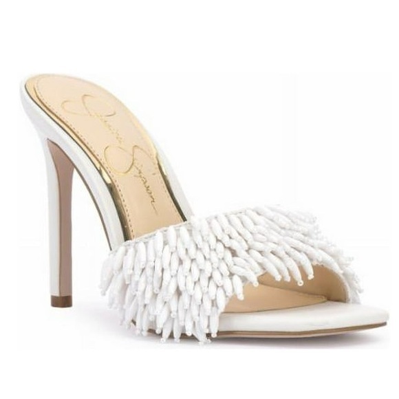 Jessica Simpson Shoes - Jessica Simpson Olya Beaded Fringe Heels | White Slide Sandals | Size 9.5